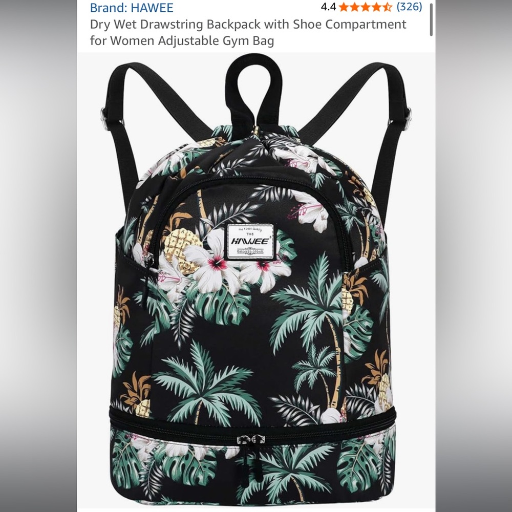Hawee dry/wet backpack tote yellow/green/black hibiscus/palm print. EUC.